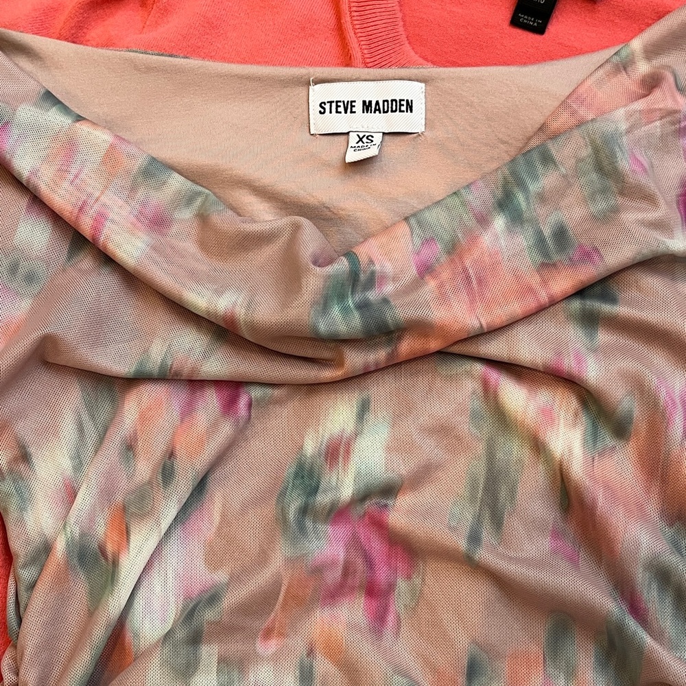 Steve Madden Watercolor Ruched Cowl-Neck Midi Dress in Pink, Gray and Teal - Picture 3 of 6